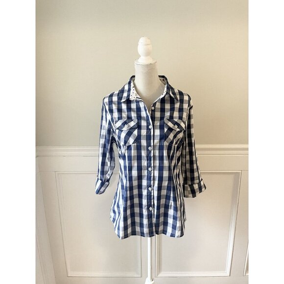 Overdrive Womens Navy & White Gingham Blouse L Crochet Lace - Picture 1 of 5